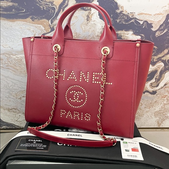 Sold! Chanel Medium Deauville Caviar Studded Red Leather Tote - Picture 5 of 15
